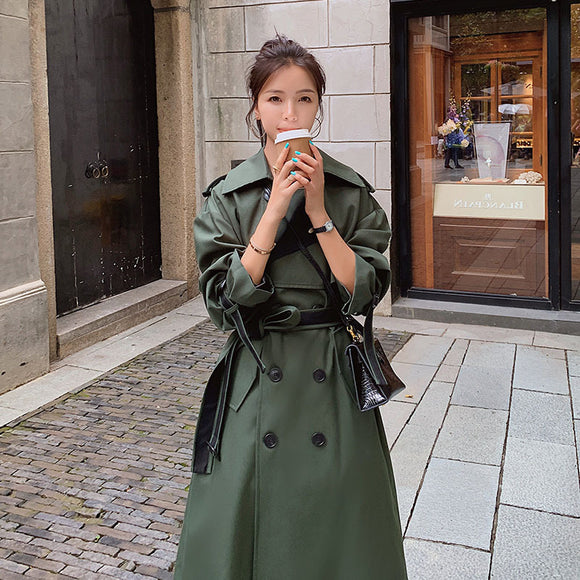 Abrigo Retro Largo Holgado Verde Militar Gabardina Doble Botonadura