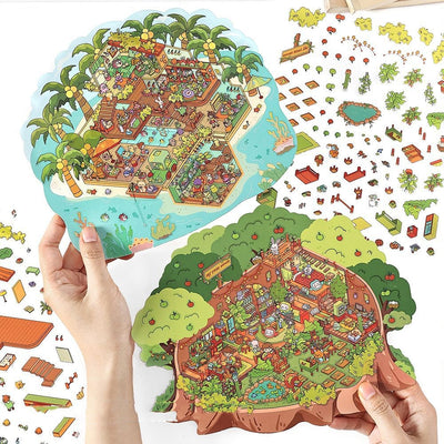 "Sea Studio" extra large landscaping stickers with a three-dimensional cottage island design and various decorative elements. - Image 2