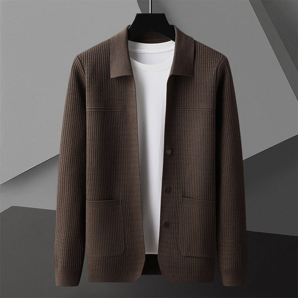 Suéter de Cuello Solapa Grueso para Hombre - Manga Larga Otoño Invierno con Bolsillos