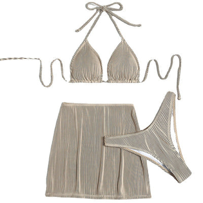 Light green ribbed bikini set featuring a triangle halter top and a matching high-waisted mini skirt. - Image 5