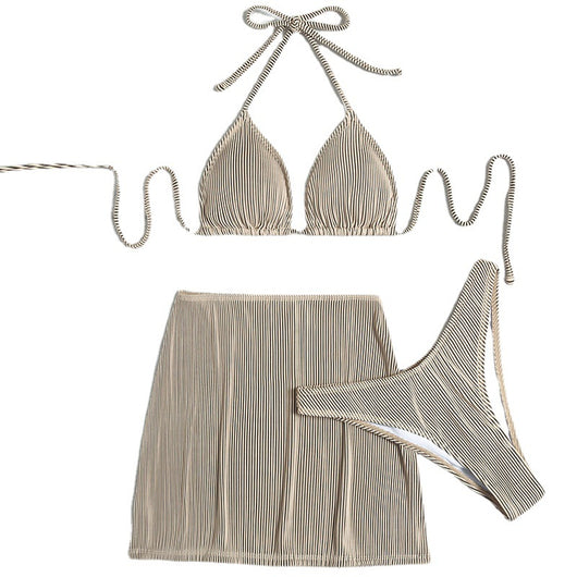 Light green ribbed bikini set featuring a triangle halter top and a matching high-waisted mini skirt. - Image 5