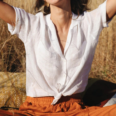 Blusa Francesa de Lino y Algodón con Manga Corta para Mujer - Image 3