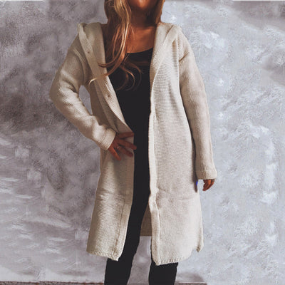Cardigan Largo Tejido con Capucha y Botones Simples para Mujer - Image 5