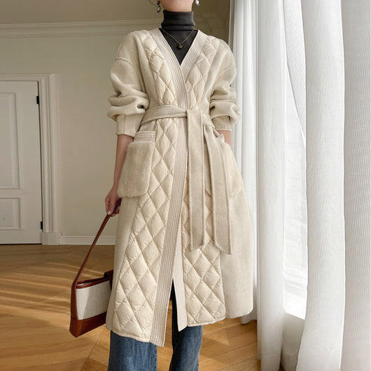 Abrigo de Plumón de Ganso Blanco con Cashmere para Mujer - Largo Medio