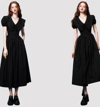 Vestido Negro Elegante con Cuello V y Mangas Abullonadas Estilo Francés - Image 10