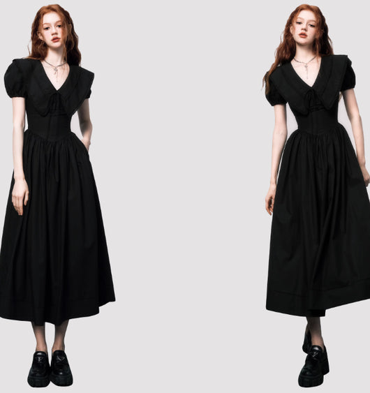 Vestido Negro Elegante con Cuello V y Mangas Abullonadas Estilo Francés - Image 10