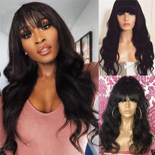 Peluca Larga Ondas Grandes con Flequillo Aireado - Cabello Rizado Negro Fibra Sintética