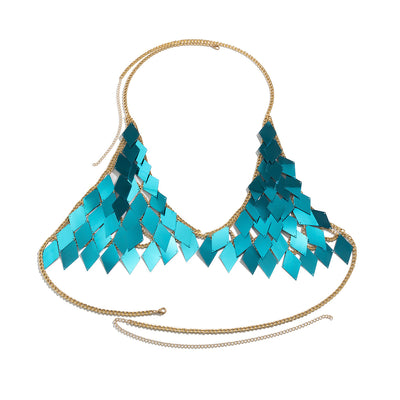 Woman wearing a gold-tone body chain top with iridescent pink and orange diamond-shaped sequins, perfect for beach or festival. - Image 64