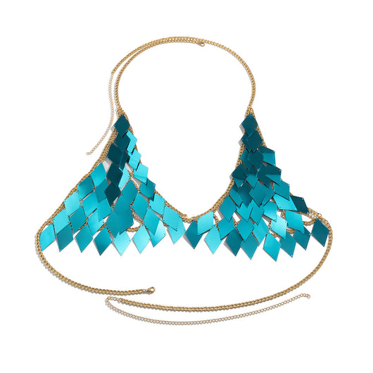 Woman wearing a gold-tone body chain top with iridescent pink and orange diamond-shaped sequins, perfect for beach or festival. - Image 64