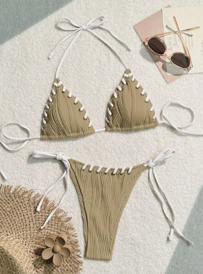 Light blue ribbed bikini swimsuit with pink tie straps and lacing detail, featuring a triangle top and thong bottom. - Image 8