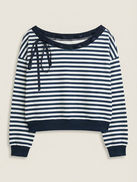 Blusa Casual Hombros Descubiertos a Rayas Manga Larga - Image 7
