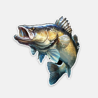 Bass fish reflective outdoor fishing car sticker with an open mouth, featuring blue, green, and brown tones. - Image 7
