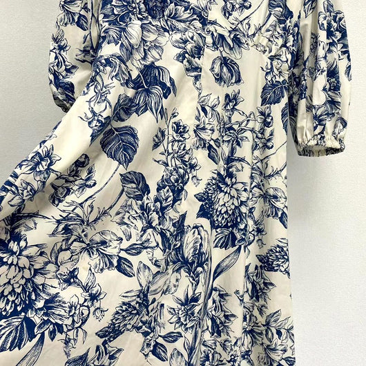 Vestido Azul y Blanco con Estampado Porcelana Chino - Cuello V Manga Media - Image 9