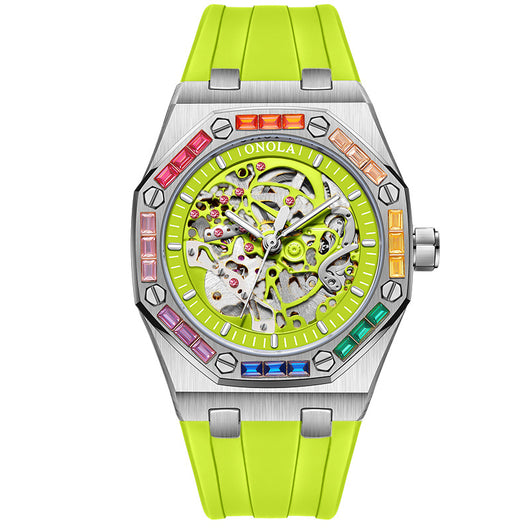 Reloj Automático para Hombre con Banda de Silicona Arcoíris y Diamantes - Image 7