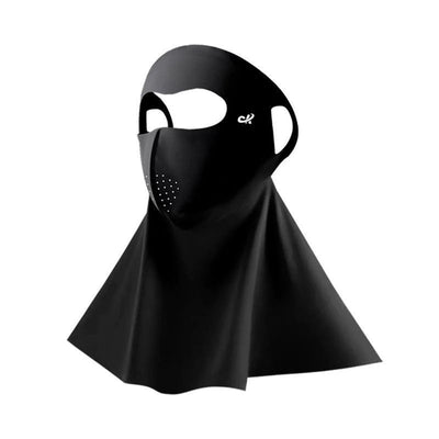 Light gray ice silk full face sun protection mask with neck coverage and ear hooks, offering UPF 50+ UV protection. - Image 4