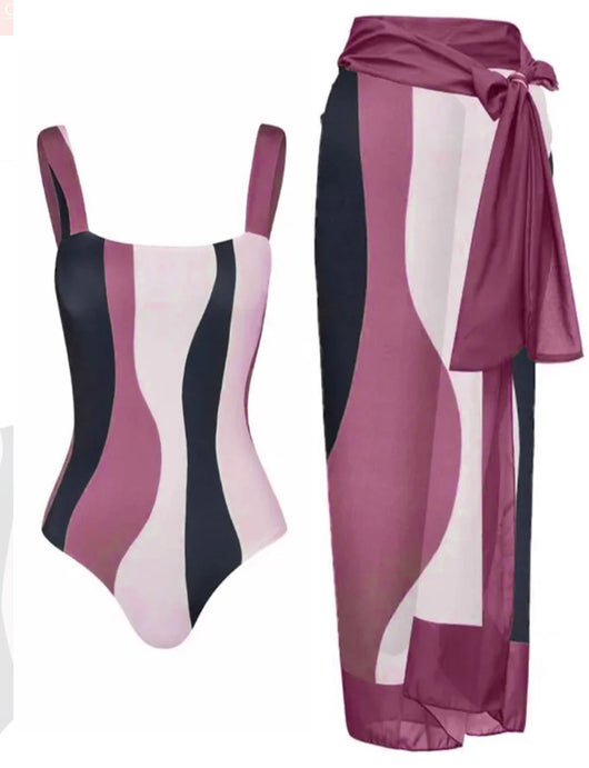 Green and white abstract wavy print one-piece swimsuit with matching sarong, offering conservative belly coverage. - Image 4