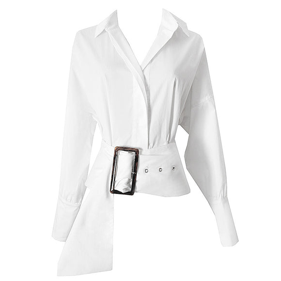 Camisa Blanca Manga Larga con Diseño de Cinturón