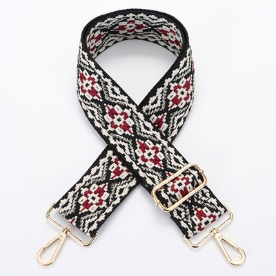 Yellow and white ethnic style patterned canvas bag strap with gold-toned adjustable buckle and swivel snap hooks. - Image 22