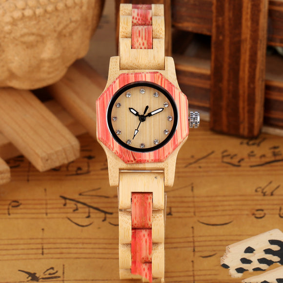 Reloj de Madera para Mujer con Bisel Octagonal y Diamantes