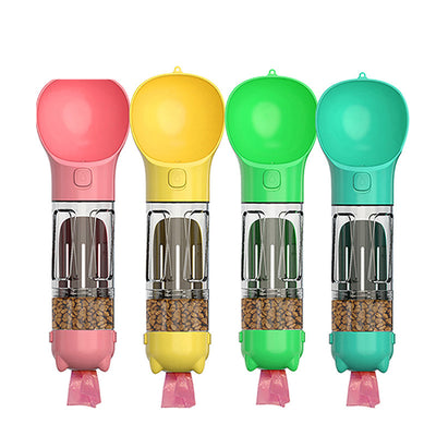 Four teal pet multi-functional water bottles, two with food boxes, in 300ml and 500ml sizes. - Image 21
