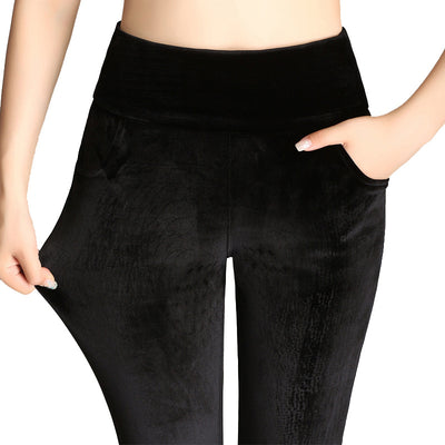 Pantalones de Terciopelo Dorado Cintura Alta Talla Grande Stretch Cálido - Image 3