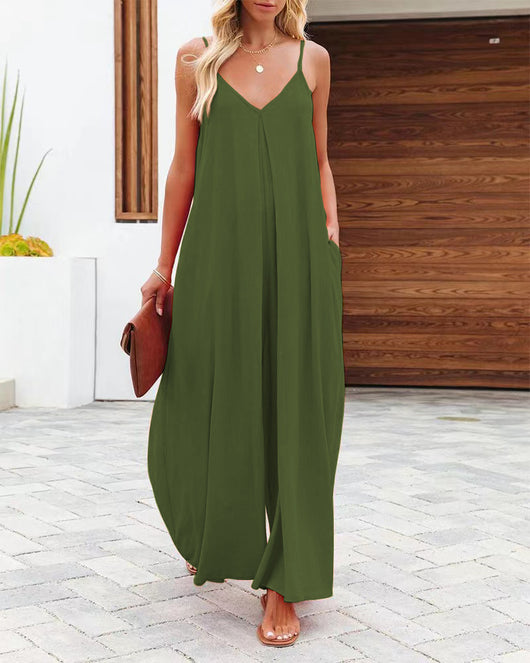 Jumpsuit Ancho de Tiro Bajo con Bolsillos - Diseño Sólido y Casual - Image 4