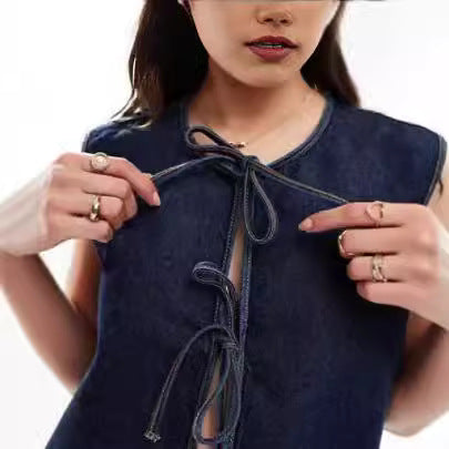 Chaleco Denim Sin Mangas con Detalles de Cuerda para Mujer - Image 3