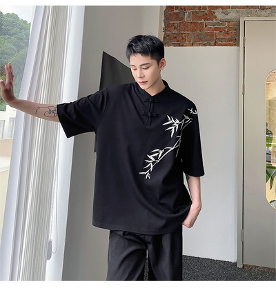 Camisa de Manga Corta con Bordado de Hojas de Bambú para Hombre - Image 8