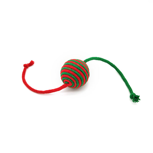 Red and green striped cotton rope ball cat toy with two rope tails, ideal for Christmas interactive play. - Image 5