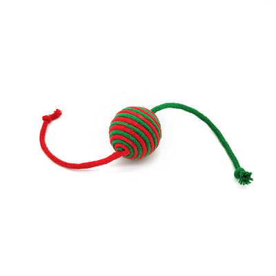 Red and green striped cotton rope ball cat toy with two rope tails, ideal for Christmas interactive play. - Image 5