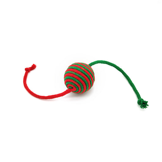 Red and green striped cotton rope ball cat toy with two rope tails, ideal for Christmas interactive play. - Image 5