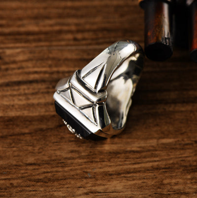 Anillo de Plata Ley 925 con Ágata Negra para Hombre - Diseño Dominante Azul Marino - Image 3