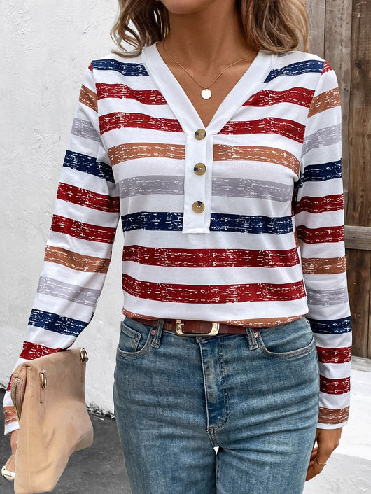 Blusa Mujer Rayas Cuello V Manga Larga con Detalles de Cierre - Image 10