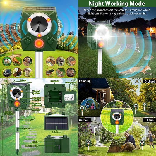 Repelente Ultrasónico Solar para Perros y Aves con Carga y Voz