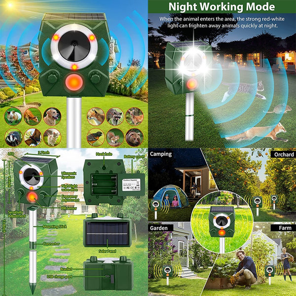 Repelente Ultrasónico Solar para Perros y Aves con Carga y Voz