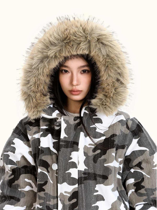 Chaqueta Acolchada de Algodón con Cuello de Pelaje y Diseño Camuflaje Retro - Image 4
