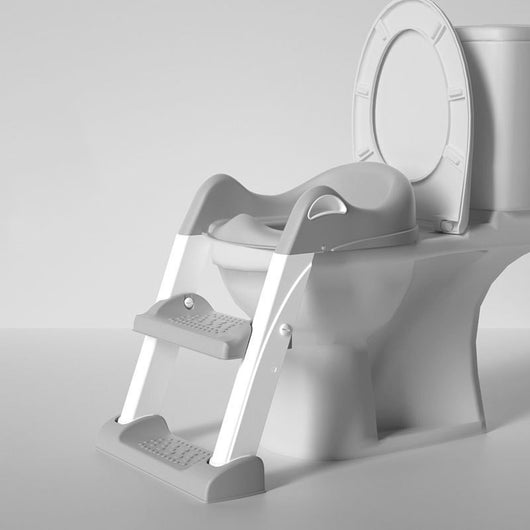 Gray and white children's toilet training seat with a two-step ladder, shown on a white adult toilet. - Image 13