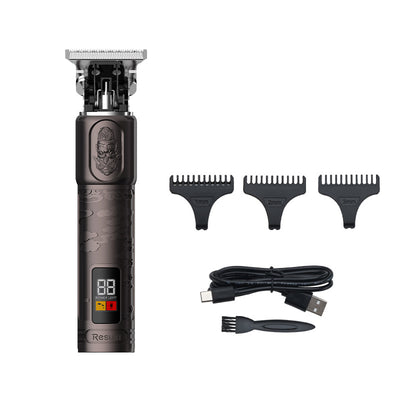 Gold electric hair clippers with an LCD display and engraved design, shown with 1mm, 2mm, 3mm guide combs, USB cable, and cleaning brush. - Image 3