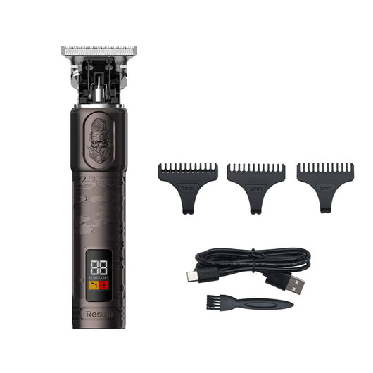 Gold electric hair clippers with an LCD display and engraved design, shown with 1mm, 2mm, 3mm guide combs, USB cable, and cleaning brush. - Image 3