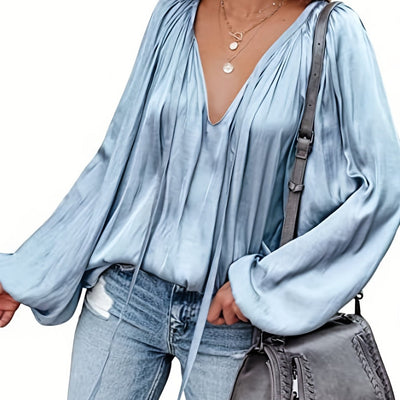 Blusa de Satén con Cuello en V y Mangas Largas para Mujer - Image 5