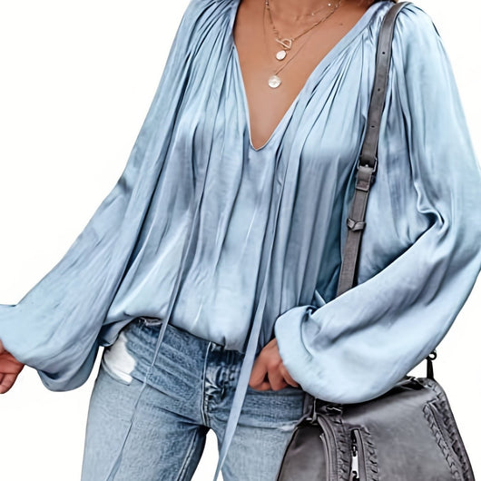 Blusa de Satén con Cuello en V y Mangas Largas para Mujer - Image 5