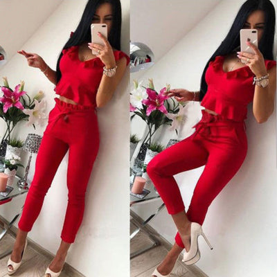 Conjunto Elegante: Blusa sin Mangas con Volantes y Pantalón Liso - Image 6