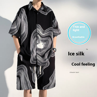 Conjunto de Playa para Hombre - Camisa Estampada y Pantalones Cortos Seda de Hielo Verano - Image 9