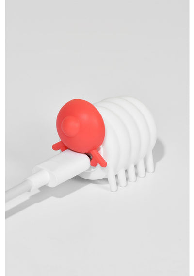 White and red interactive cat toy shaped like a segmented caterpillar with small legs and antennae. - Image 8