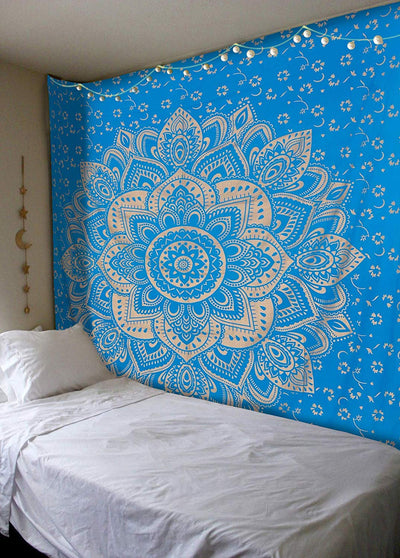 Navy blue tapestry with a large gold mandala pattern and smaller gold floral designs, made of polyester. - Image 3
