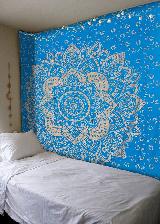 Navy blue tapestry with a large gold mandala pattern and smaller gold floral designs, made of polyester. - Image 3