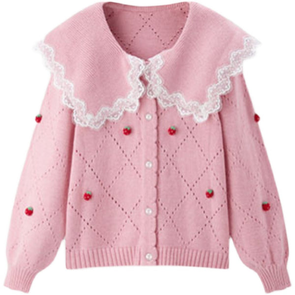 Cardigan Tejido con Cuello Solapa y Estampado de Fresas - Colección Otoño