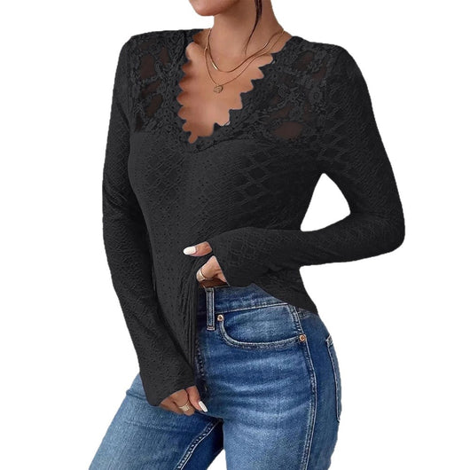 Blusa Elegante de Manga Larga con Panel de Encaje y Cuello en V para Mujer - Image 2