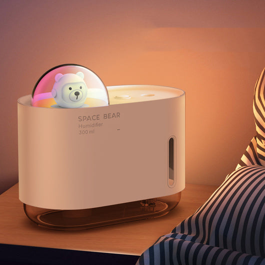 White square humidifier with a clear base, featuring a cute white bear figure in a clear dome, labeled "SPACE BEAR Humidifier 300 ml". - Image 4