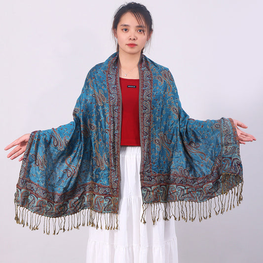 Bufanda Jacquard de Cachemira Clásica Multiusos con Flecos de Anacardo